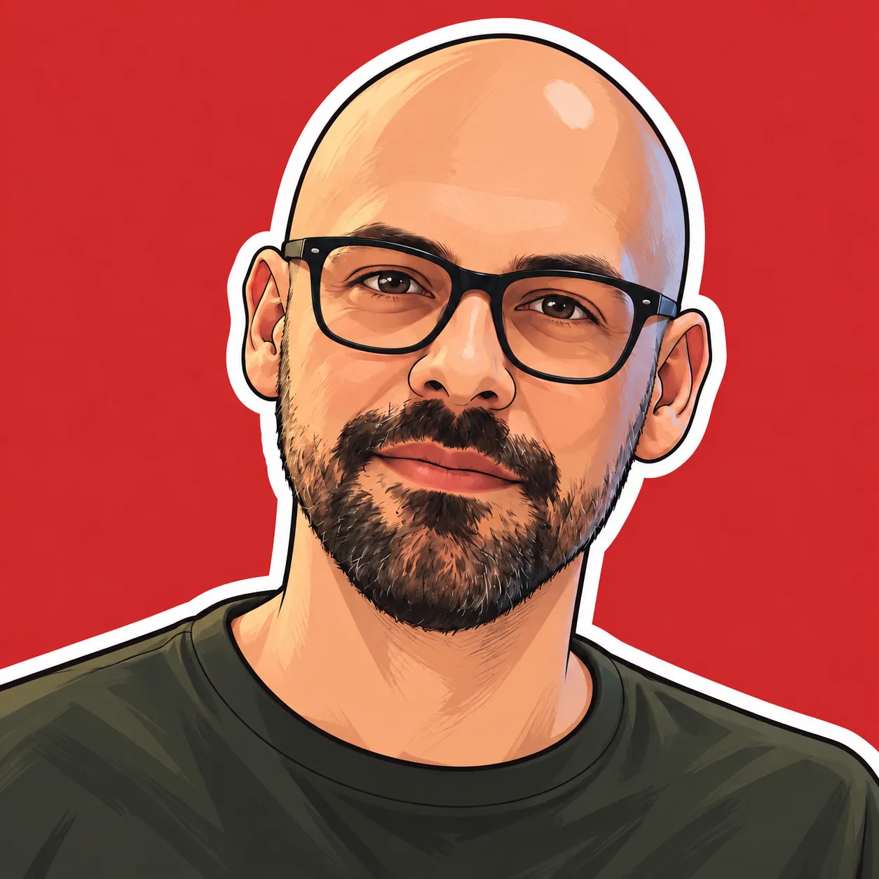 Illustrated portrait of Chambe, a bald man with glasses and a beard, on a red background