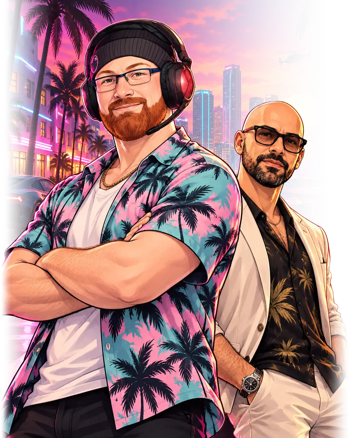 Illustration of the Exile Games co-founders, Reiback99 and Chambe, on a neon waterfront at sunset
