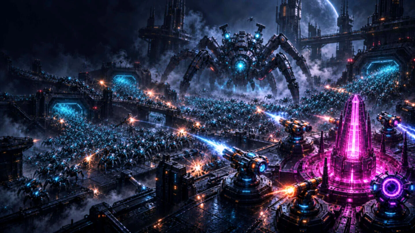 Turrets fire into an endless swarm closing in on a glowing magenta fortress core
