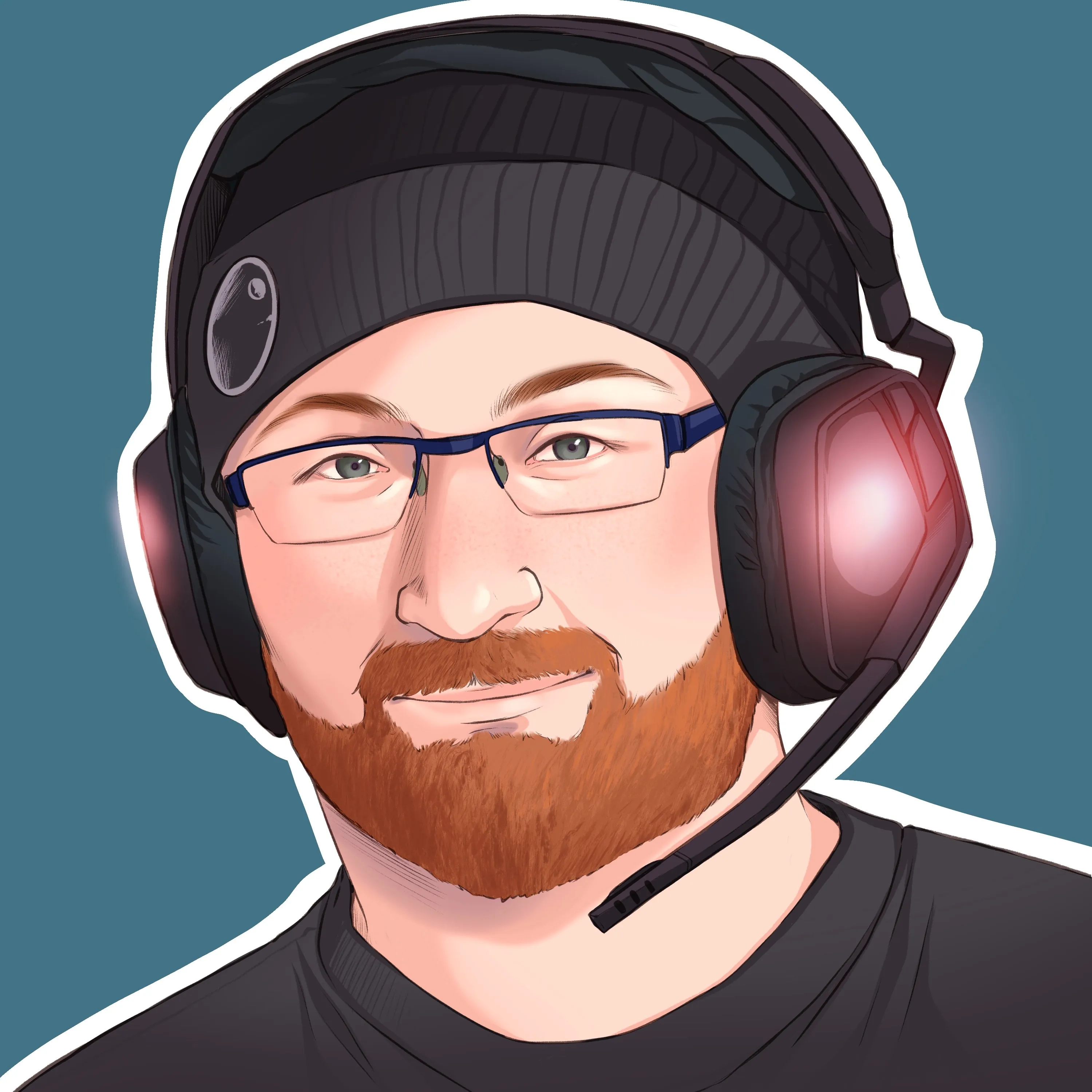 Illustrated portrait of Reiback99, with a red beard, glasses, a beanie and a gaming headset, on a teal background