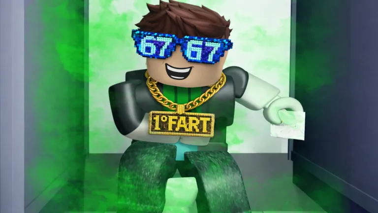 A character in 67 sunglasses and a gold 1st FART chain stands in a green cloud