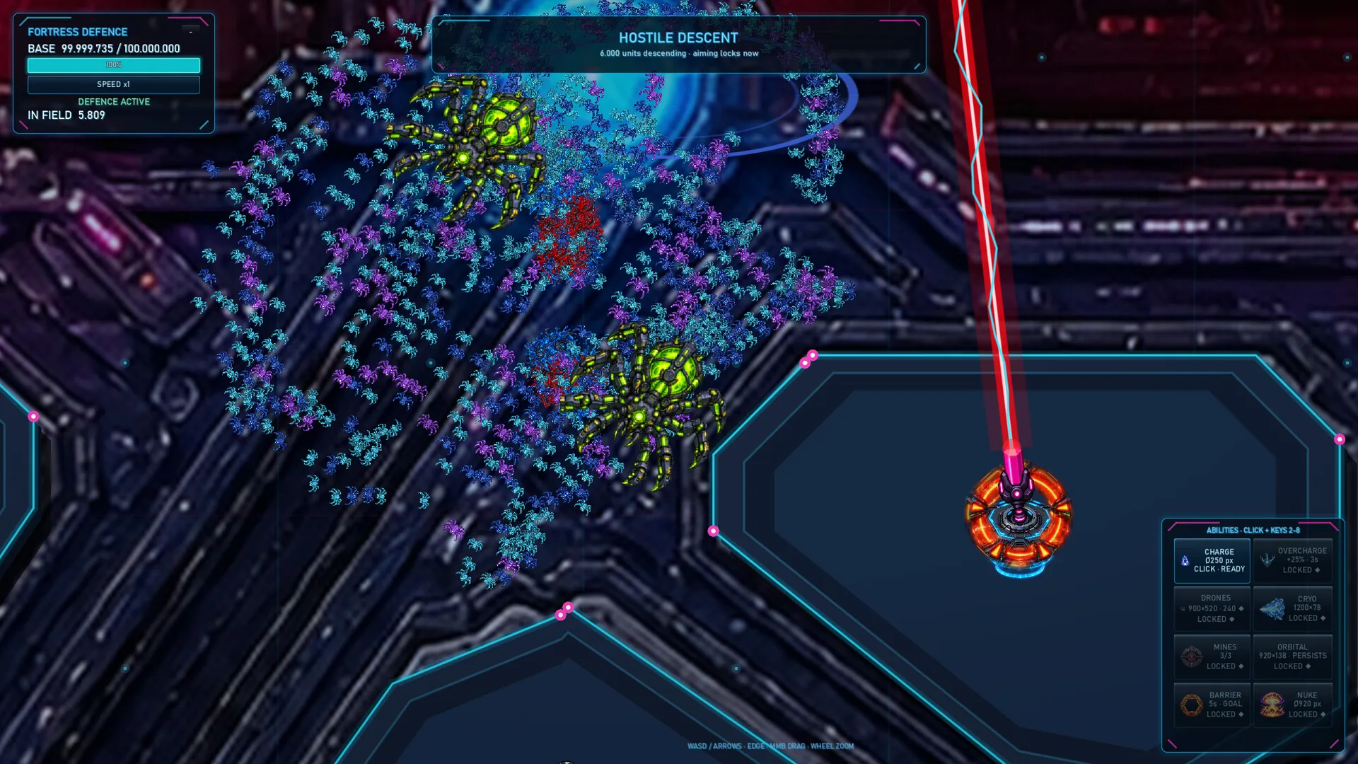 A swarm of thousands of enemies streams past a laser turret on an octagonal platform