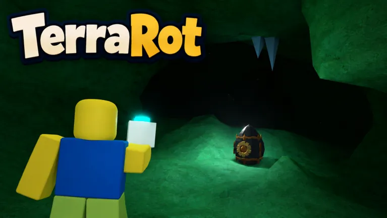 A character finds a glowing egg inside a dark green cave