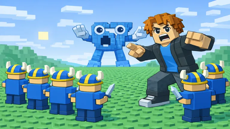 A character and his army of horned soldiers face a giant blue block boss