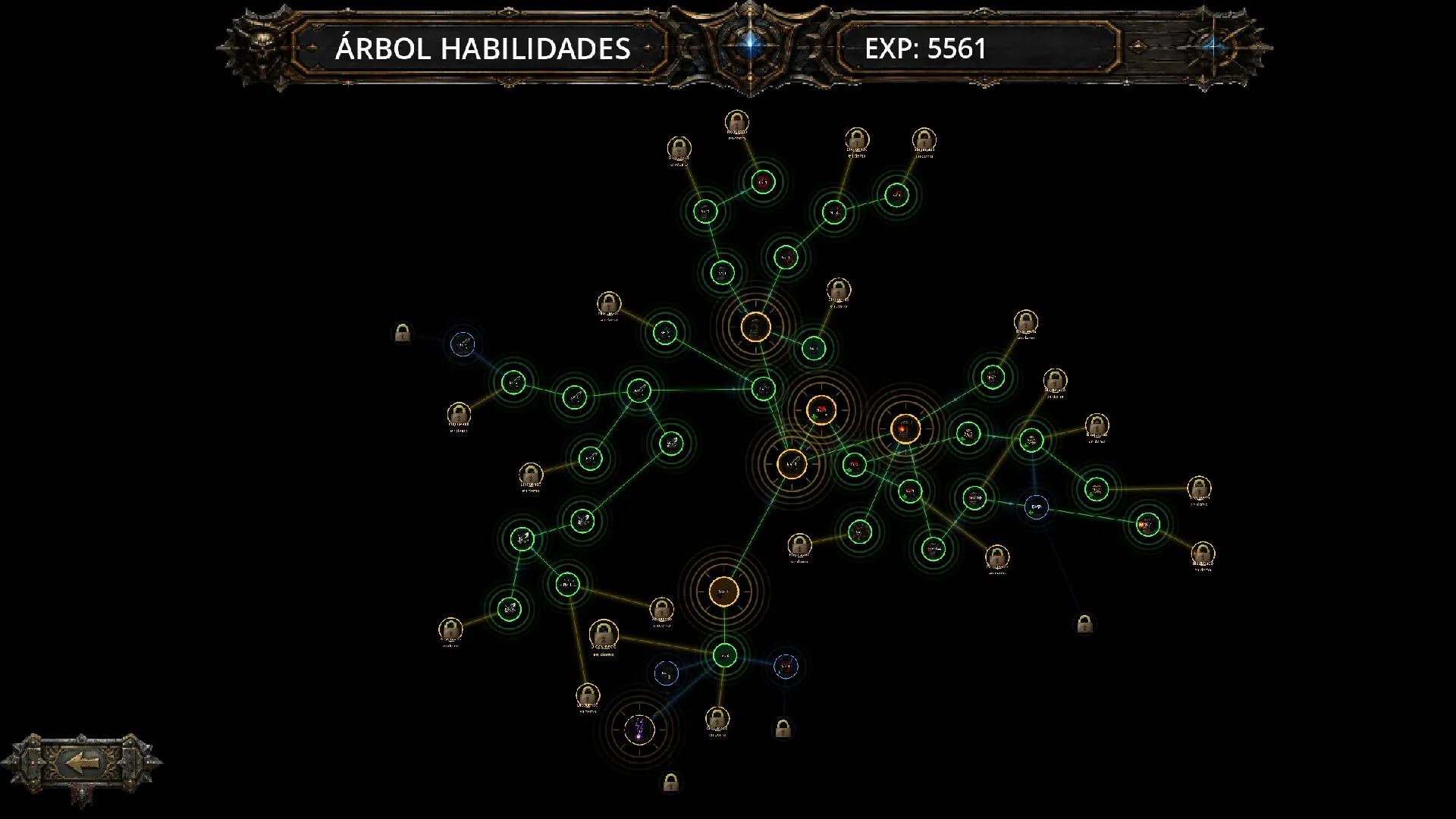 The skill tree, with branching upgrade nodes