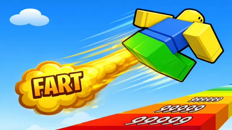 A Roblox character rockets over a rainbow track propelled by a fart