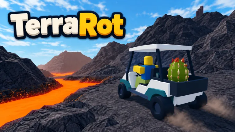 A character drives a golf cart past a lava river through volcanic rocks