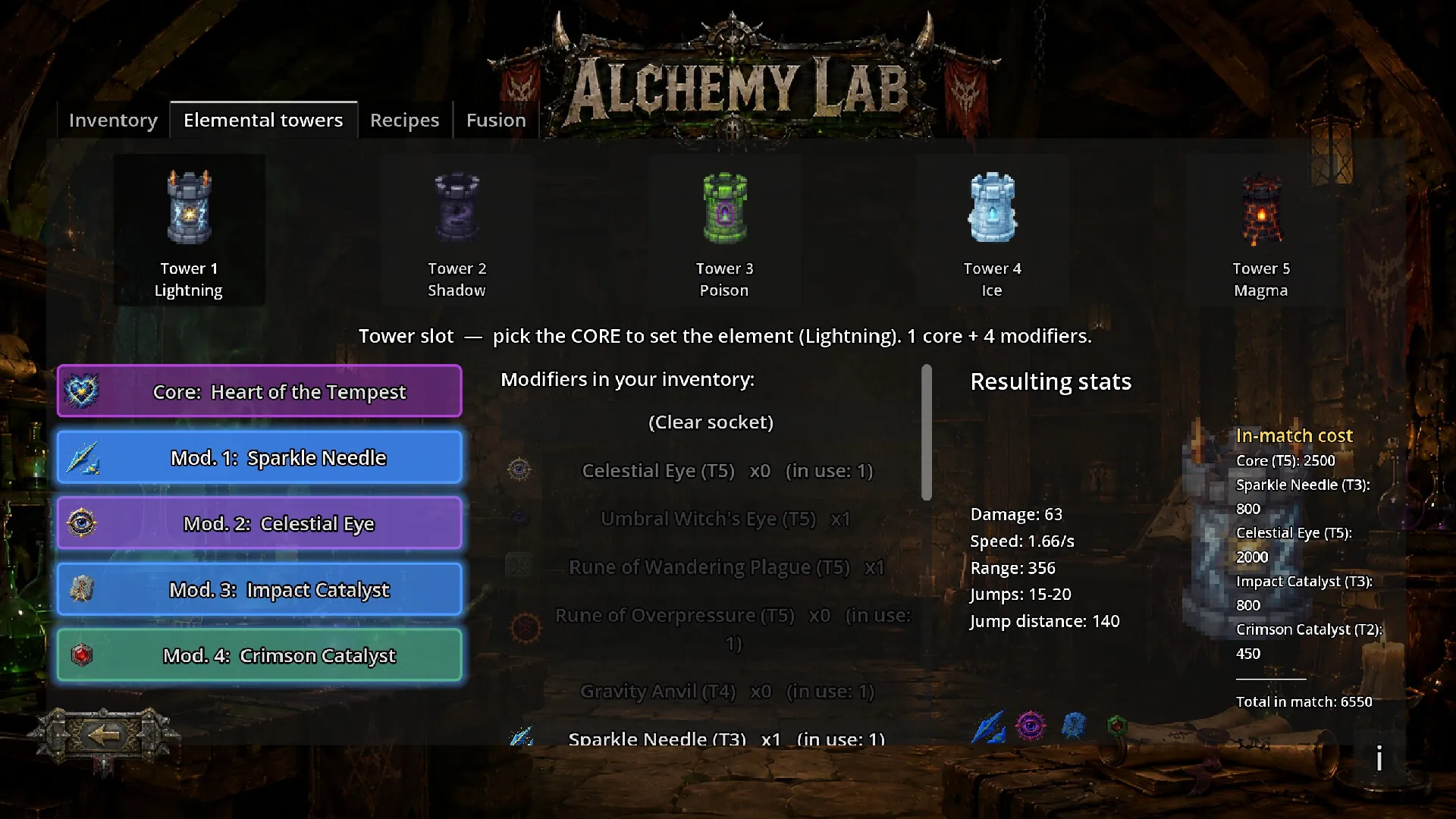 The Alchemy Lab, where elemental towers are crafted from a core and modifiers