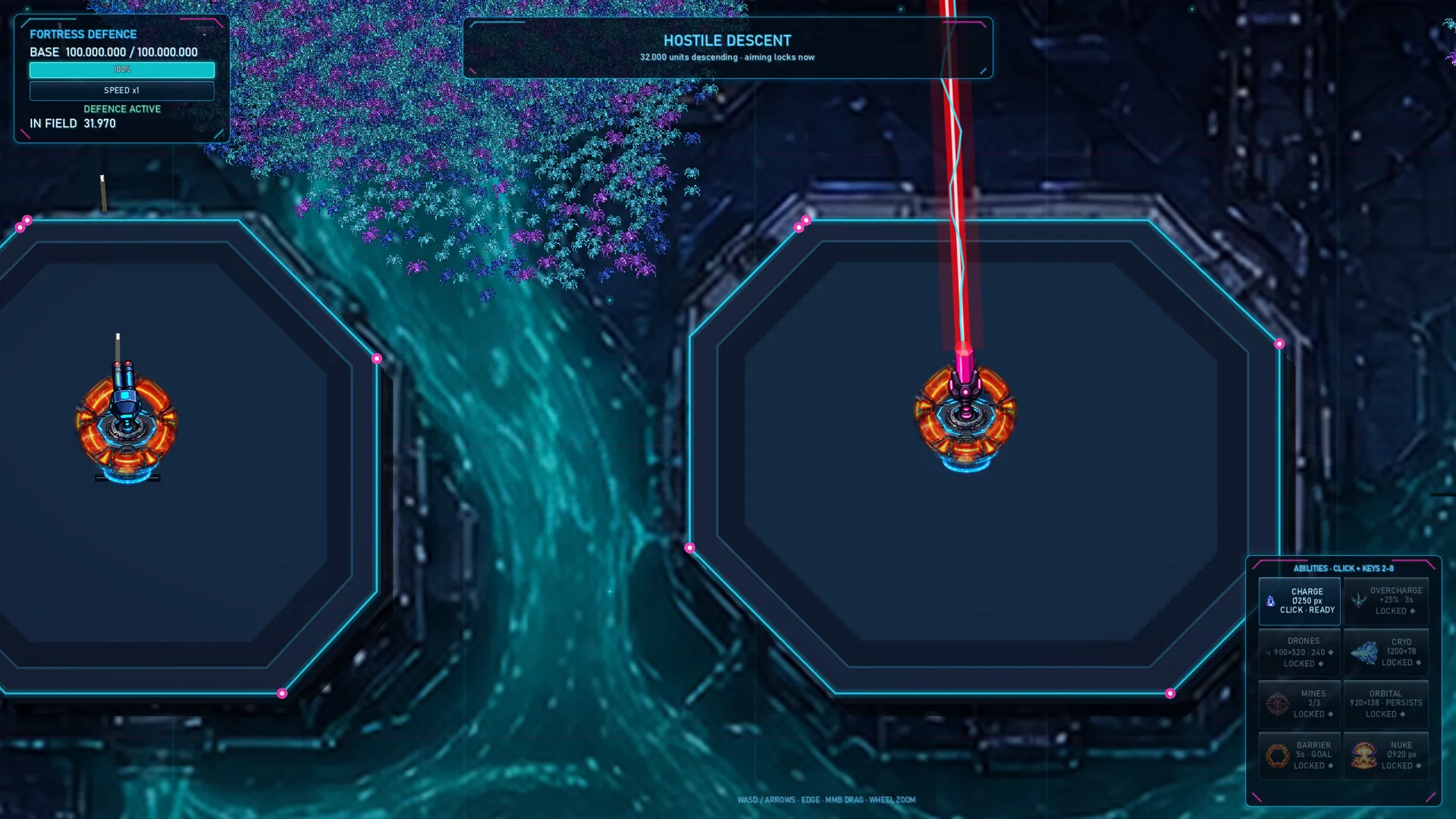 Two turrets fire into a dense river of enemies flowing between platforms