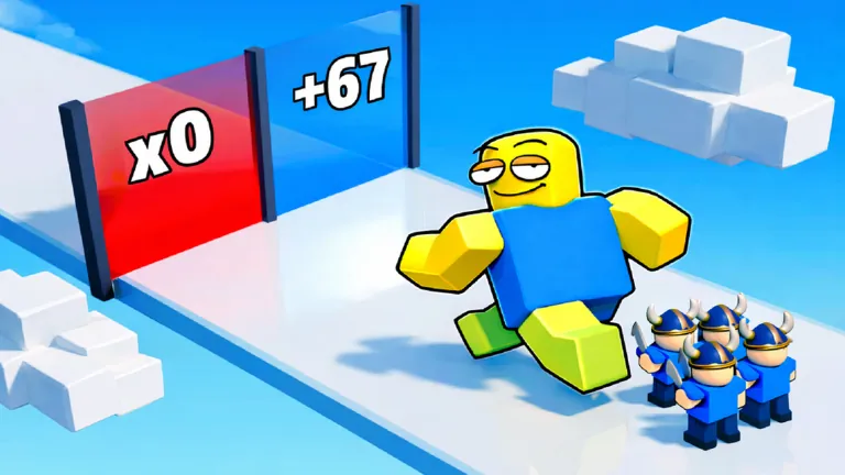 A character runs toward a red x0 gate and a blue +67 gate, followed by his troops