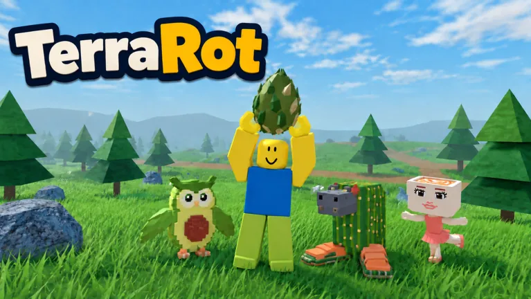 A character holds up an egg, surrounded by pets in a pine forest