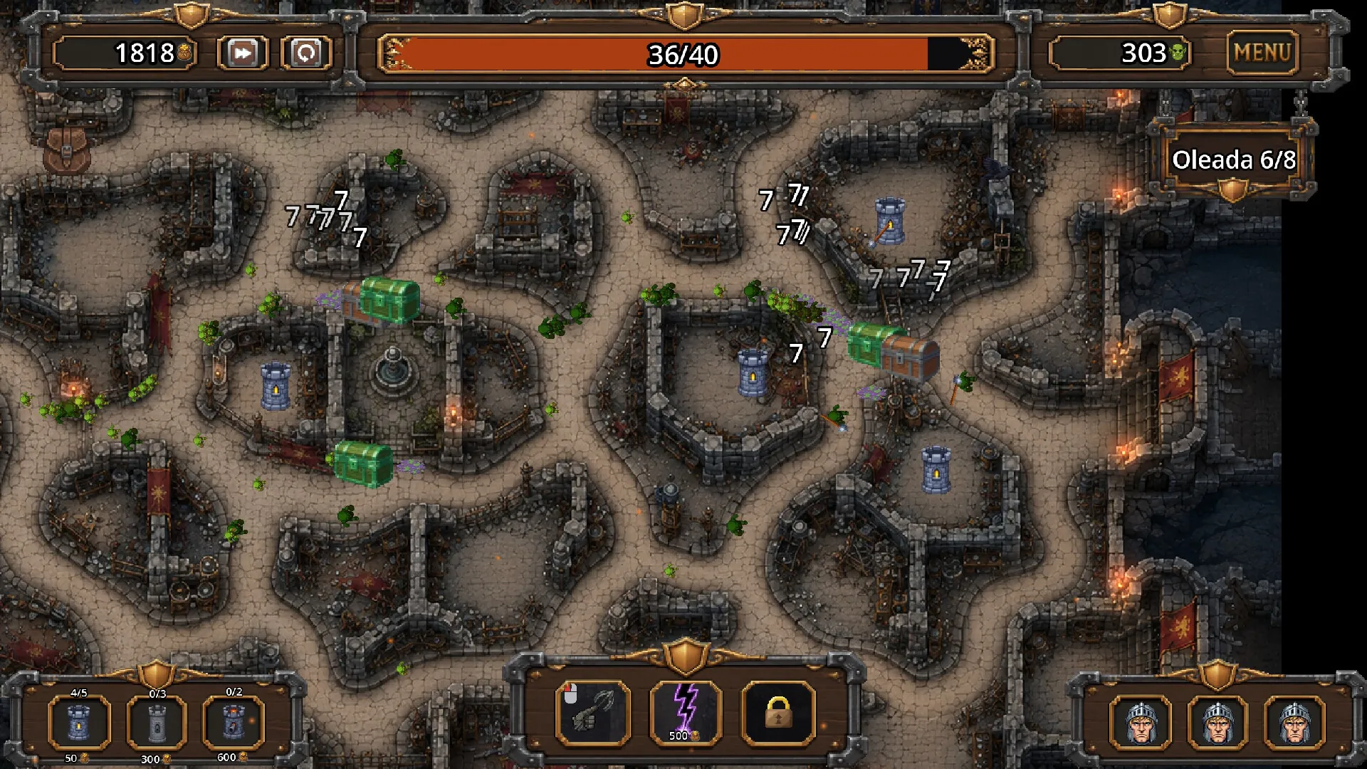 Waves of orcs march along winding stone paths between castle towers