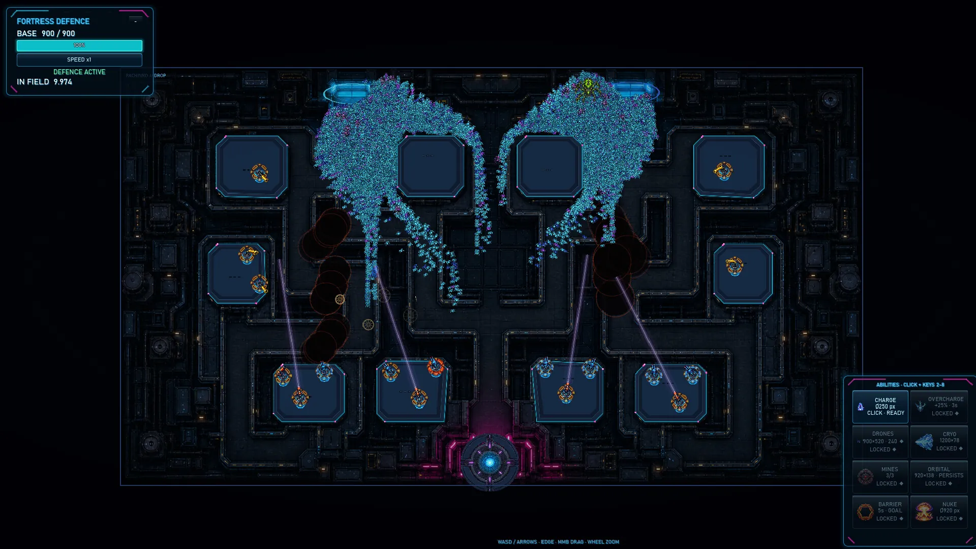 A symmetrical sector with a tower on every platform as two swarms pour in from above