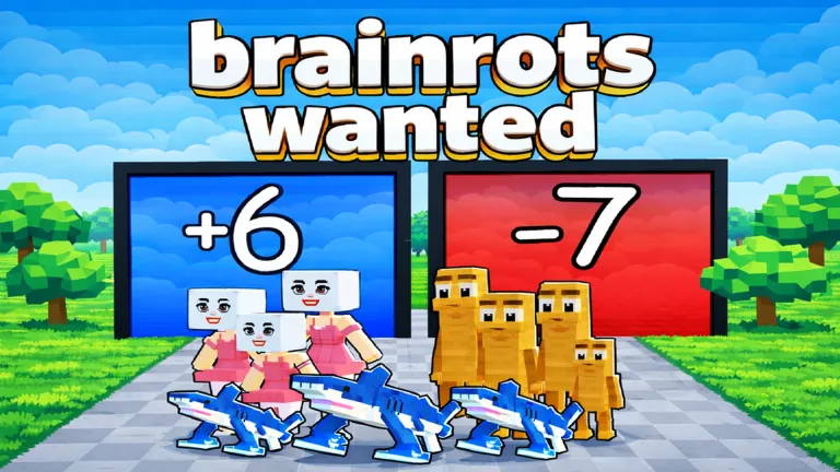 Brainrot creatures line up in front of +6 and -7 gates under a brainrots wanted sign