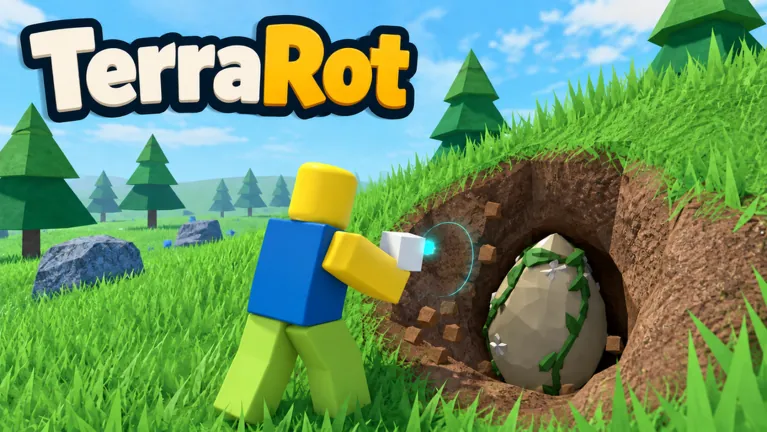 A character digs a vine-covered egg out of a hillside burrow