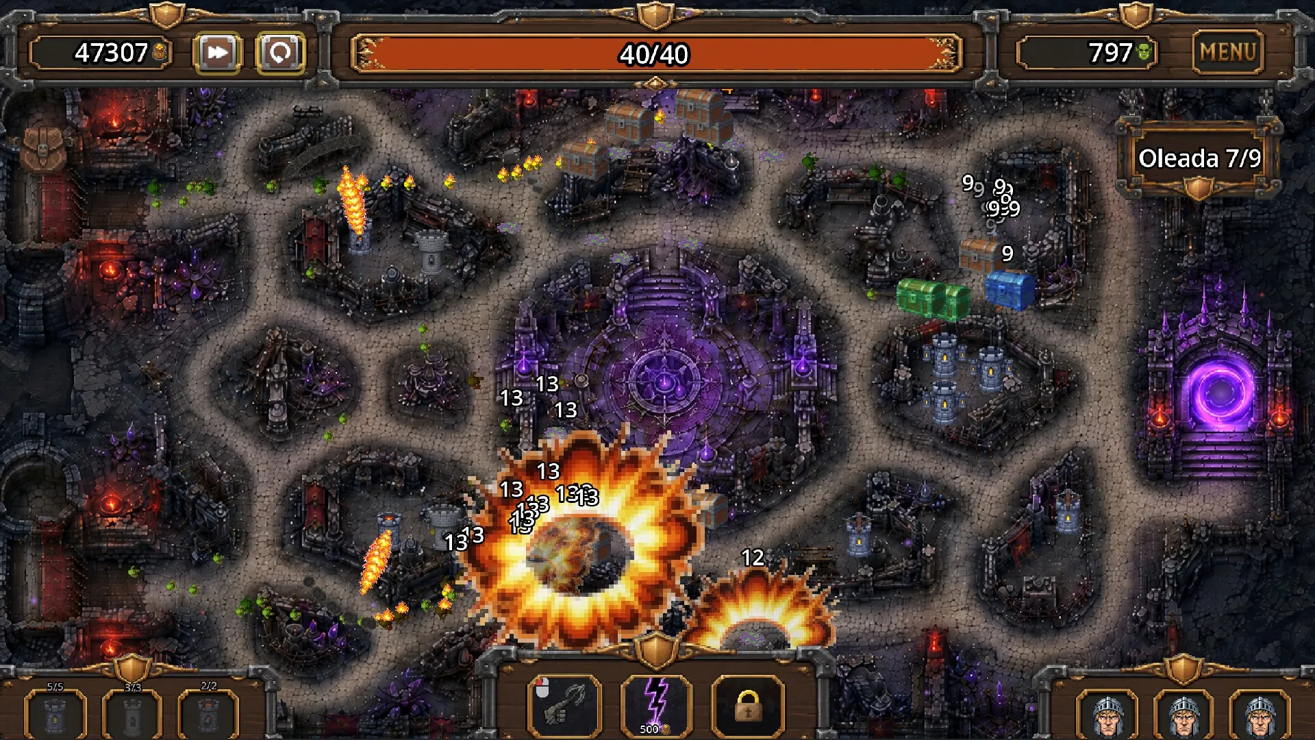 An artillery blast hits a wave of orcs next to a purple portal