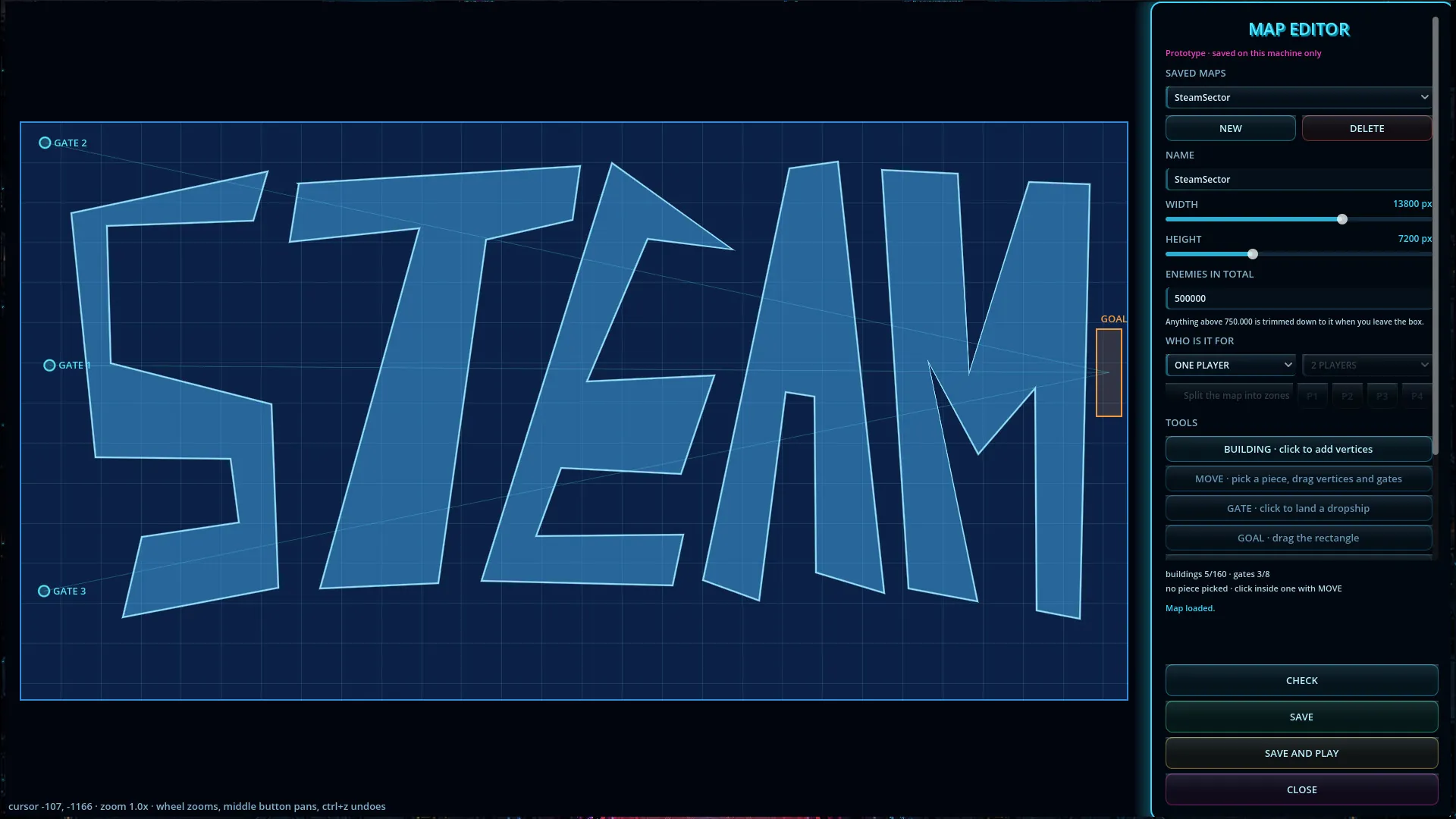 The map editor, with a custom map shaped like the word STEAM
