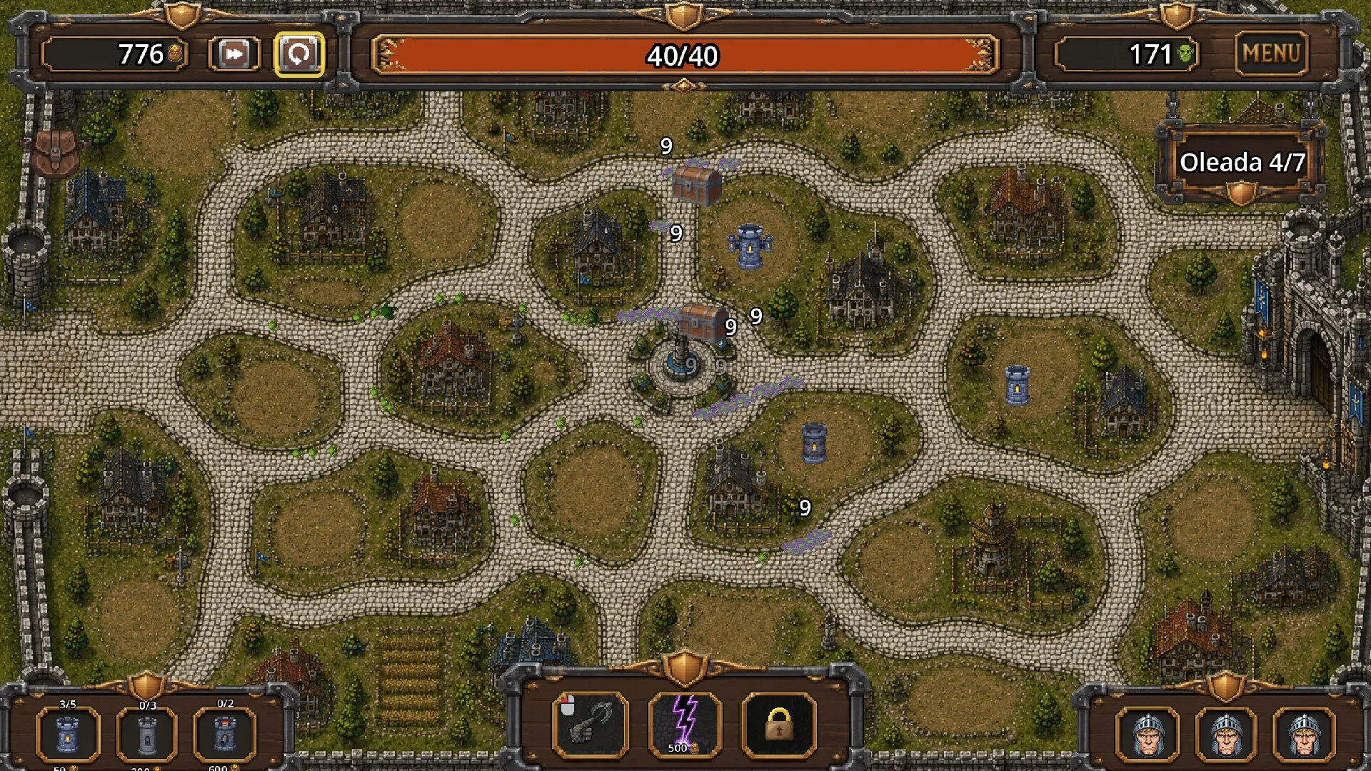 A green countryside map crossed by winding roads and defensive towers